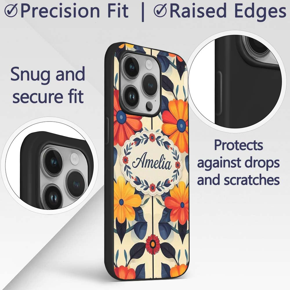 Abstract Bold Floral Bloom Symmetry Seamless Custom Name Protective Phone Case Mobile Cover Durable Everyday Smartphone Shock Resistant