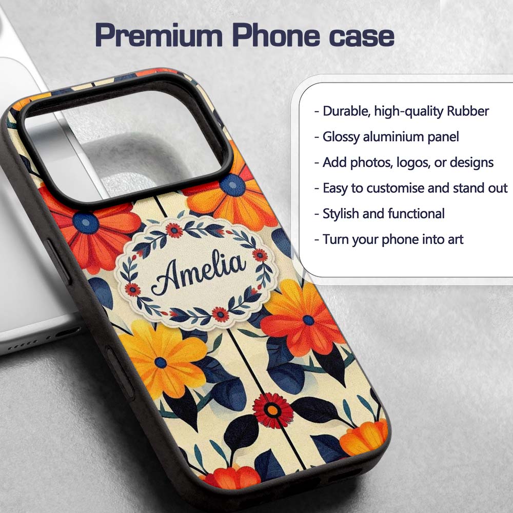 Abstract Bold Floral Bloom Symmetry Seamless Custom Name Protective Phone Case Mobile Cover Durable Everyday Smartphone Shock Resistant