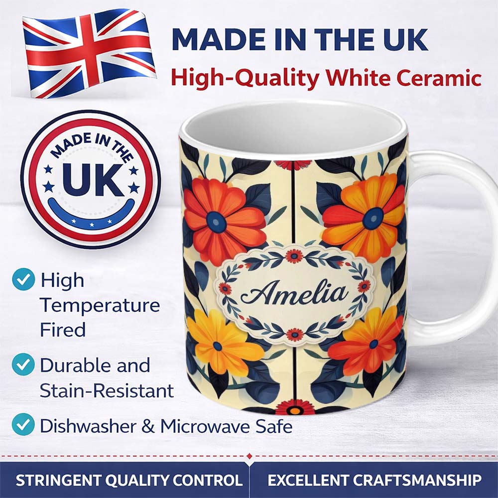 Personalized Custom Name Abstract Bold Floral Bloom Symmetry Seamless Pattern Name Cute 11oz Ceramic Coffee Tea Mug White Large Handle