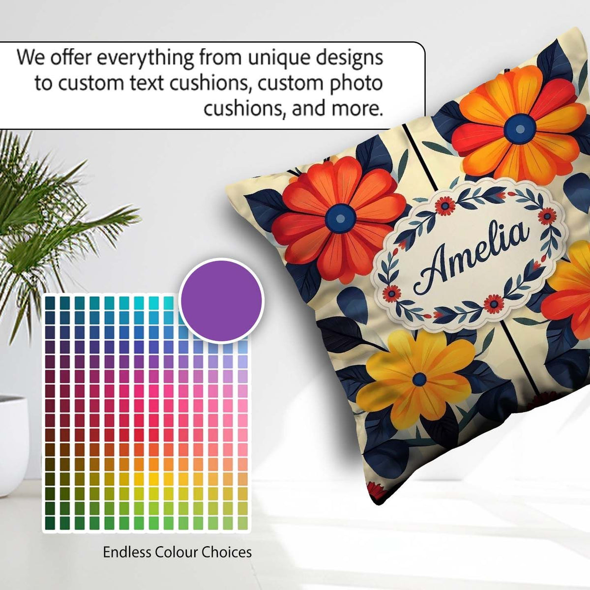 Custom Name Abstract Bold Floral Bloom Symmetry Seamless Pattern Square Filled Cushion Throw Pillow Sofa Bed Home Decor Zip Washable UK Made