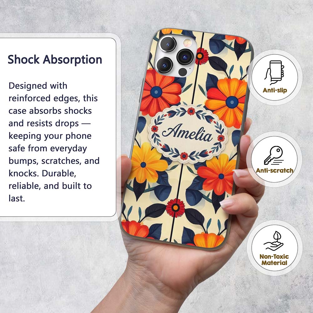 Abstract Bold Floral Bloom Symmetry Seamless Custom Name Protective Phone Case Mobile Cover Durable Everyday Smartphone Shock Resistant