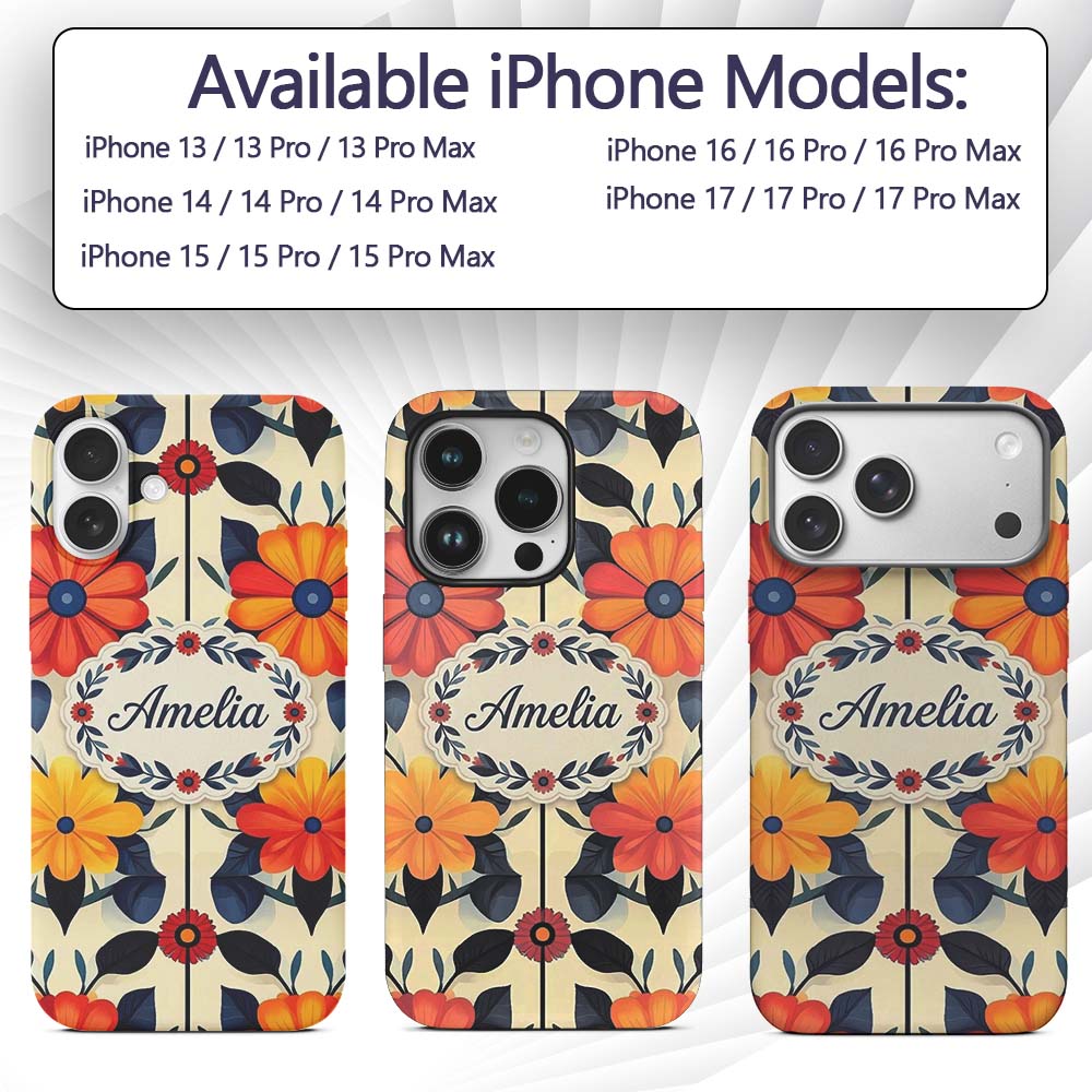 Abstract Bold Floral Bloom Symmetry Seamless Custom Name Protective Phone Case Mobile Cover Durable Everyday Smartphone Shock Resistant
