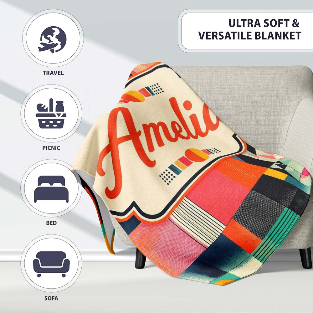 Abstract Patchwork Geometric Textured Blocks Seamless Pattern Name Personalised Custom Name Super Soft Fleece Blanket Bed Sofa Throw