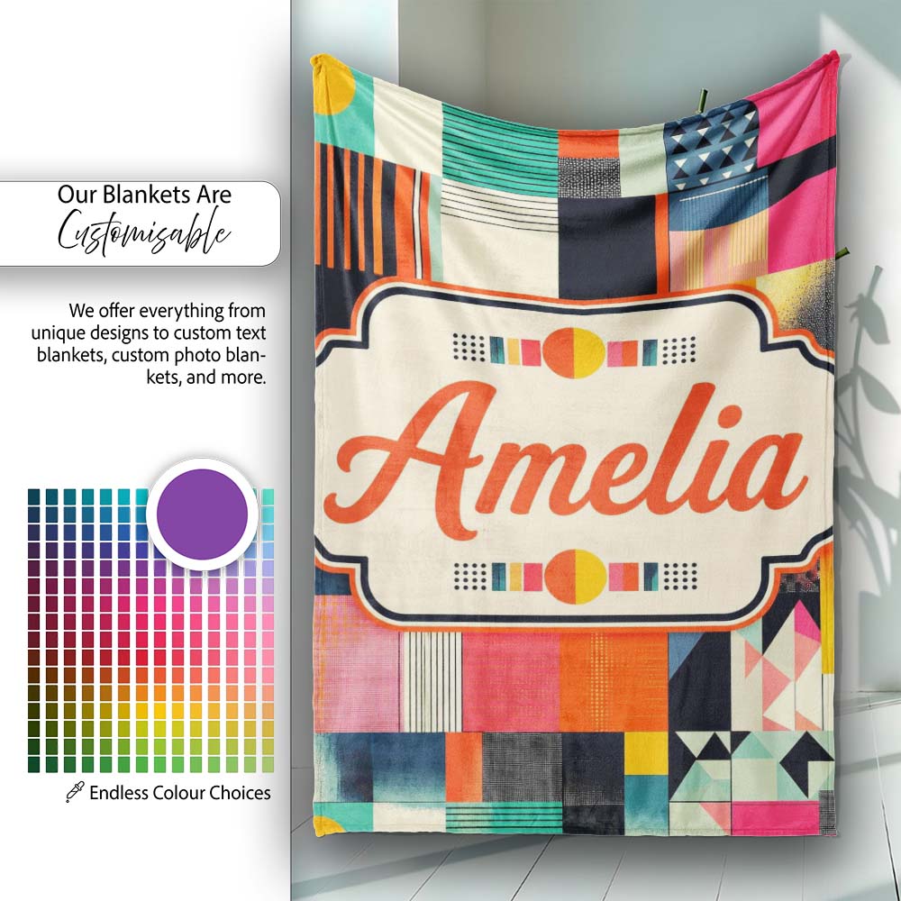 Abstract Patchwork Geometric Textured Blocks Seamless Pattern Name Personalised Custom Name Super Soft Fleece Blanket Bed Sofa Throw