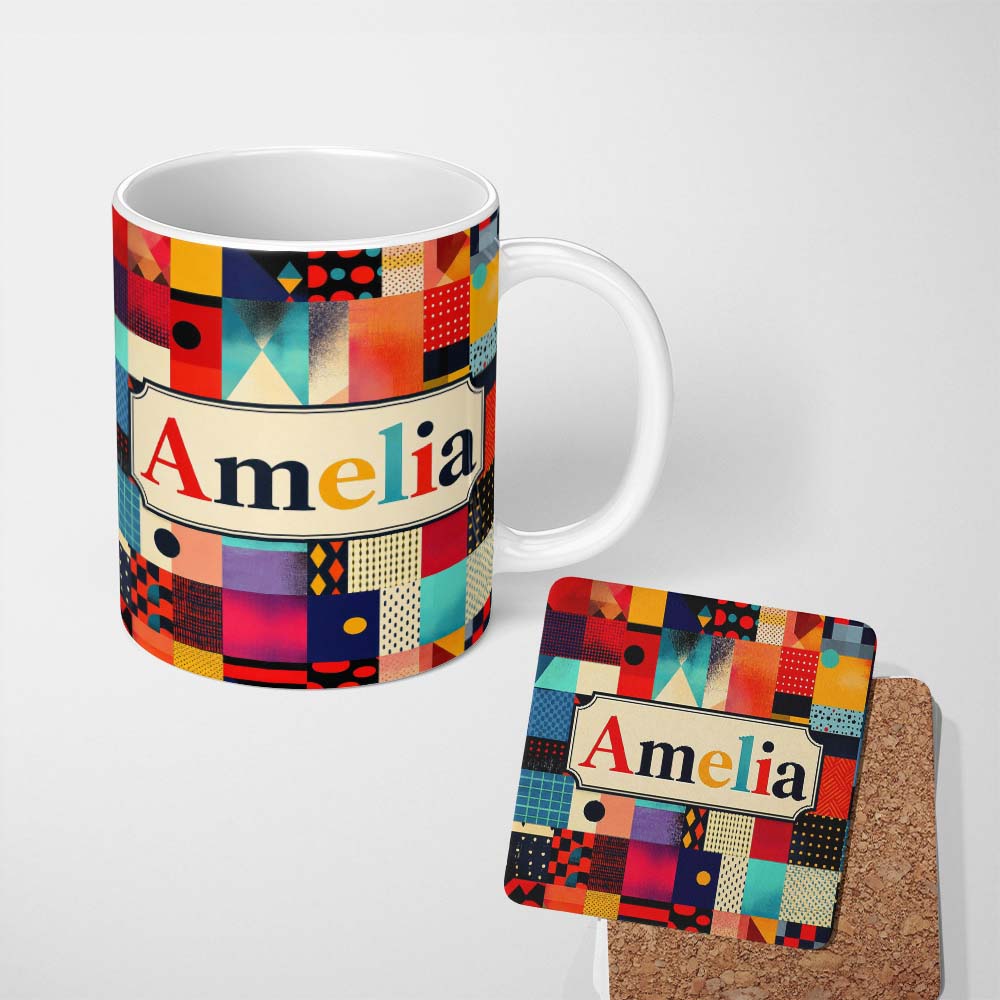 Personalized Custom Name Abstract Vibrant Mixed Pattern Squares Mosaic Seamless Name Cute 11oz Ceramic Coffee Tea Mug White Large Handle