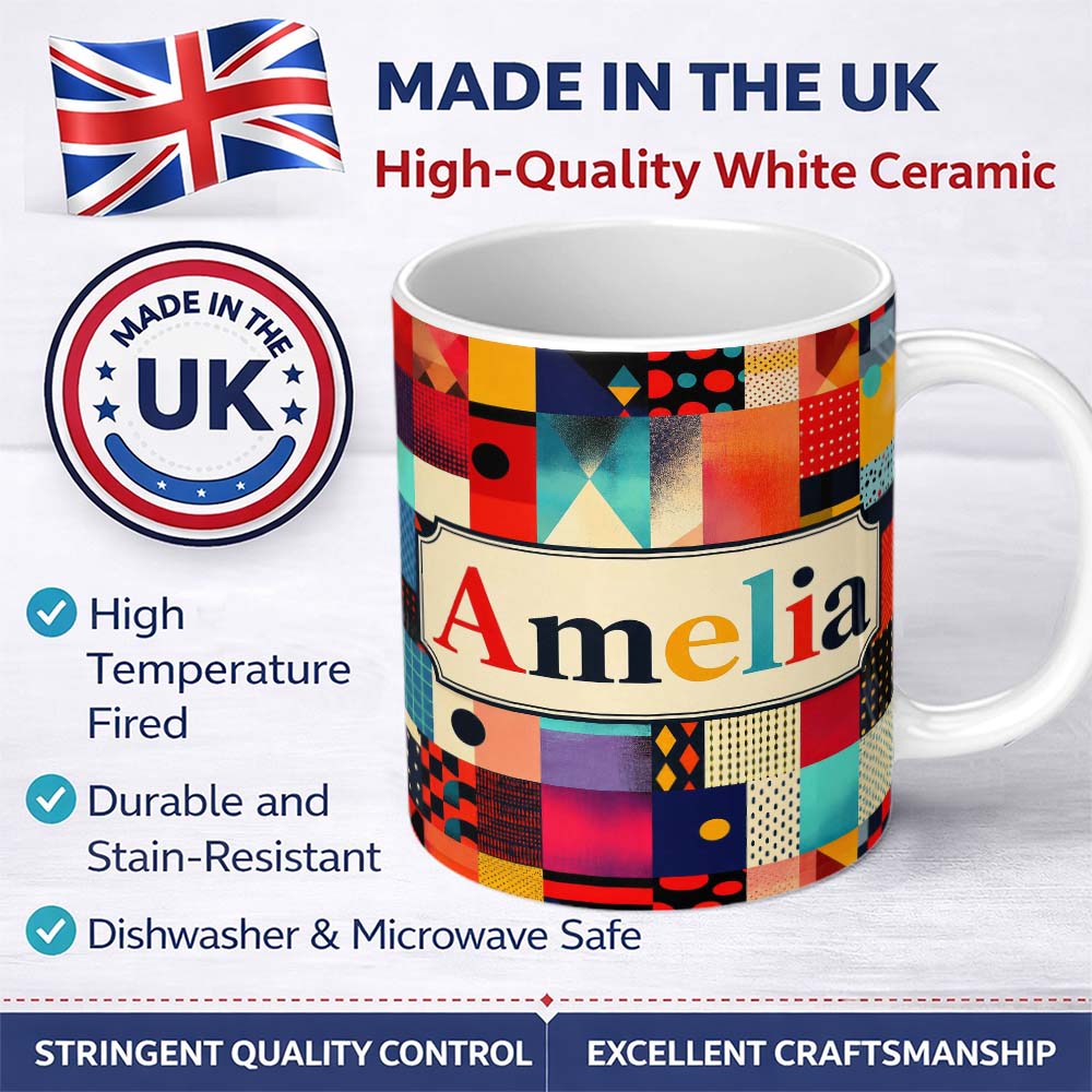 Personalized Custom Name Abstract Vibrant Mixed Pattern Squares Mosaic Seamless Name Cute 11oz Ceramic Coffee Tea Mug White Large Handle