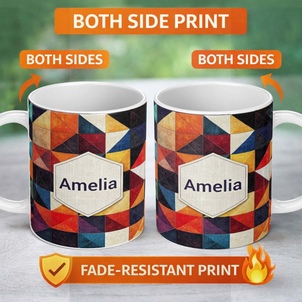 Personalized Custom Name Abstract Textured Triangle Quilt Geometry Seamless Pattern Name Cute 11oz Ceramic Coffee Tea Mug White Large Handle