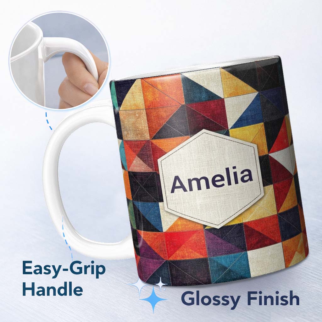 Personalized Custom Name Abstract Textured Triangle Quilt Geometry Seamless Pattern Name Cute 11oz Ceramic Coffee Tea Mug White Large Handle
