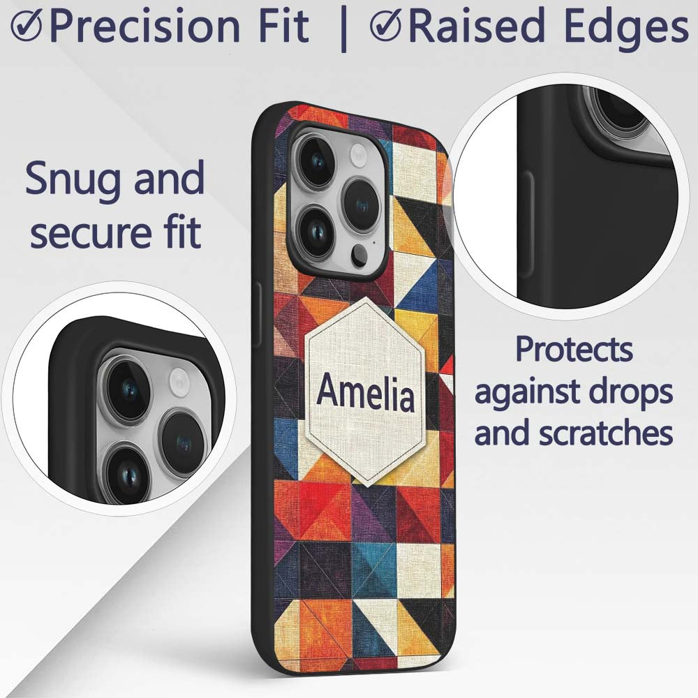 Abstract Textured Triangle Quilt Printed Design Custom Name Protective Phone Case Mobile Cover Durable Everyday Smartphone Shock Resistant