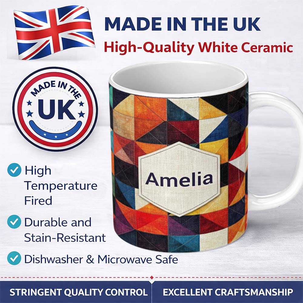 Personalized Custom Name Abstract Textured Triangle Quilt Geometry Seamless Pattern Name Cute 11oz Ceramic Coffee Tea Mug White Large Handle
