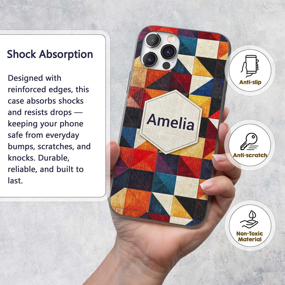 Abstract Textured Triangle Quilt Printed Design Custom Name Protective Phone Case Mobile Cover Durable Everyday Smartphone Shock Resistant