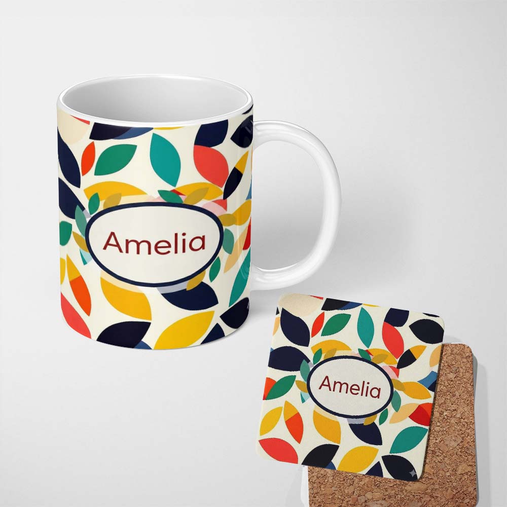 Personalized Custom Name Abstract Colorful Minimal Leaf Shapes Modern Seamless Pattern Name 11oz Ceramic Coffee Tea Mug White Large Handle