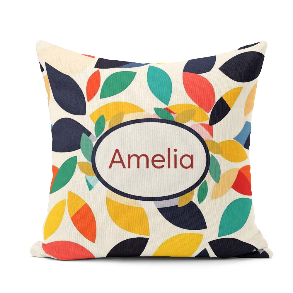 Custom Name Abstract Colorful Minimal Leaf Shapes Modern Pattern Square Filled Cushion Throw Pillow Sofa Bed Home Decor Zip Washable UK Made