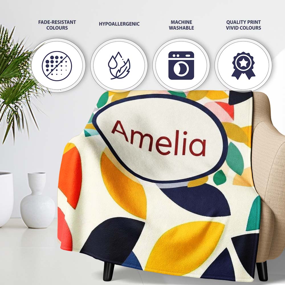 Abstract Colorful Minimal Leaf Shapes Modern Seamless Pattern Name Personalised Custom Name Super Soft Fleece Blanket Bed Sofa Throw