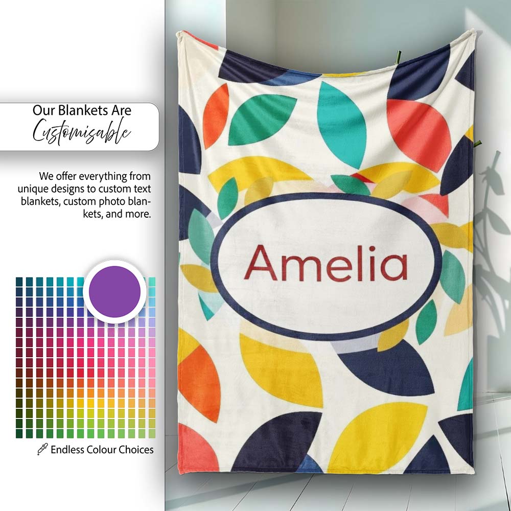 Abstract Colorful Minimal Leaf Shapes Modern Seamless Pattern Name Personalised Custom Name Super Soft Fleece Blanket Bed Sofa Throw