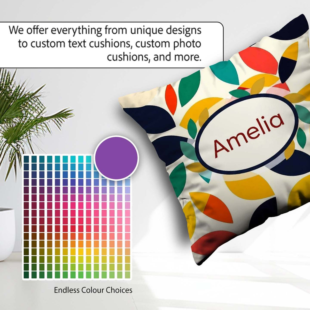 Custom Name Abstract Colorful Minimal Leaf Shapes Modern Pattern Square Filled Cushion Throw Pillow Sofa Bed Home Decor Zip Washable UK Made