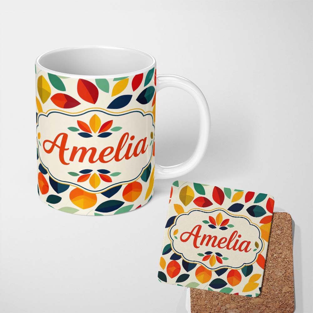 Personalized Custom Name Abstract Multicolor Leaf Scatter Soft Background Seamless Pattern 11oz Ceramic Coffee Tea Mug White Large Handle