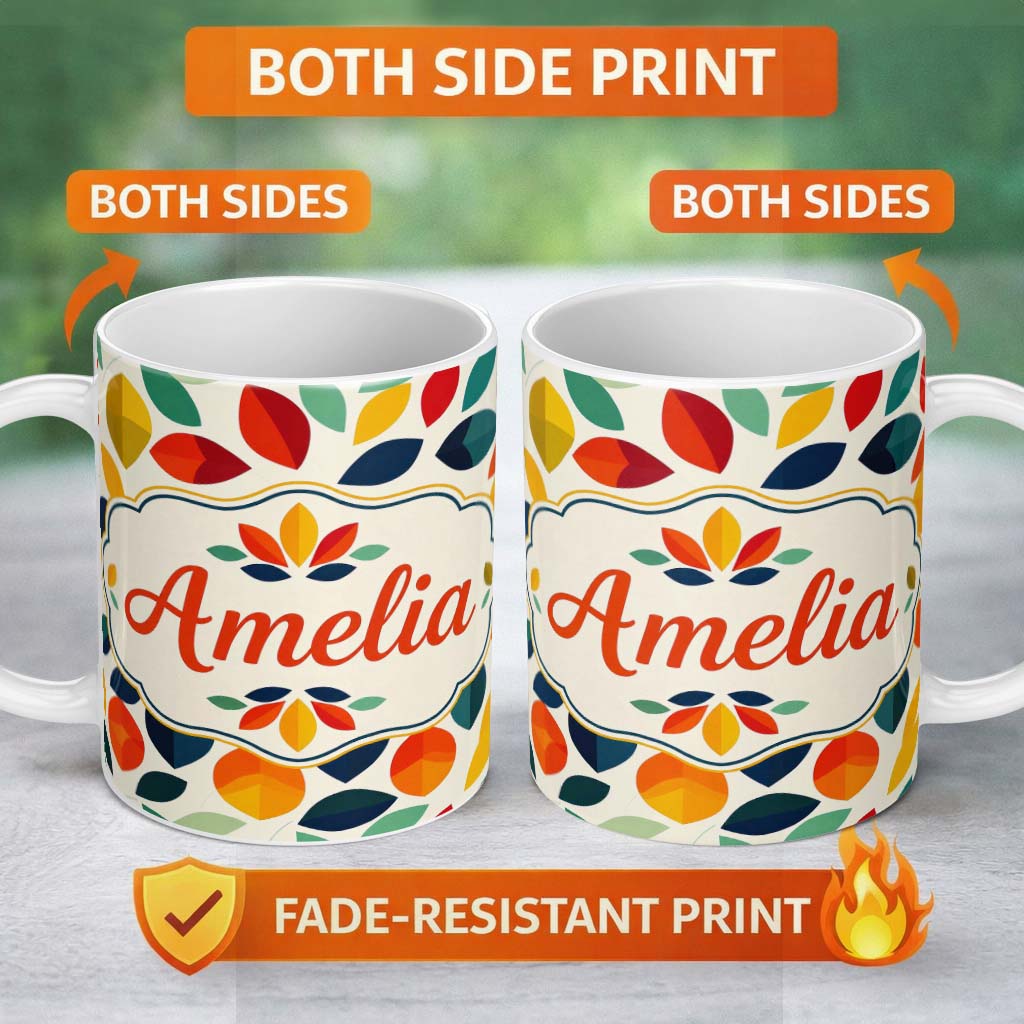 Personalized Custom Name Abstract Multicolor Leaf Scatter Soft Background Seamless Pattern 11oz Ceramic Coffee Tea Mug White Large Handle