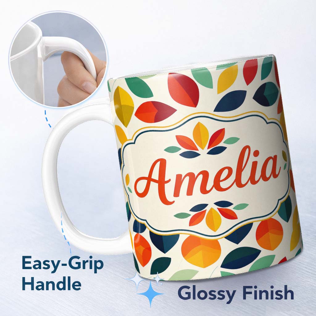 Personalized Custom Name Abstract Multicolor Leaf Scatter Soft Background Seamless Pattern 11oz Ceramic Coffee Tea Mug White Large Handle