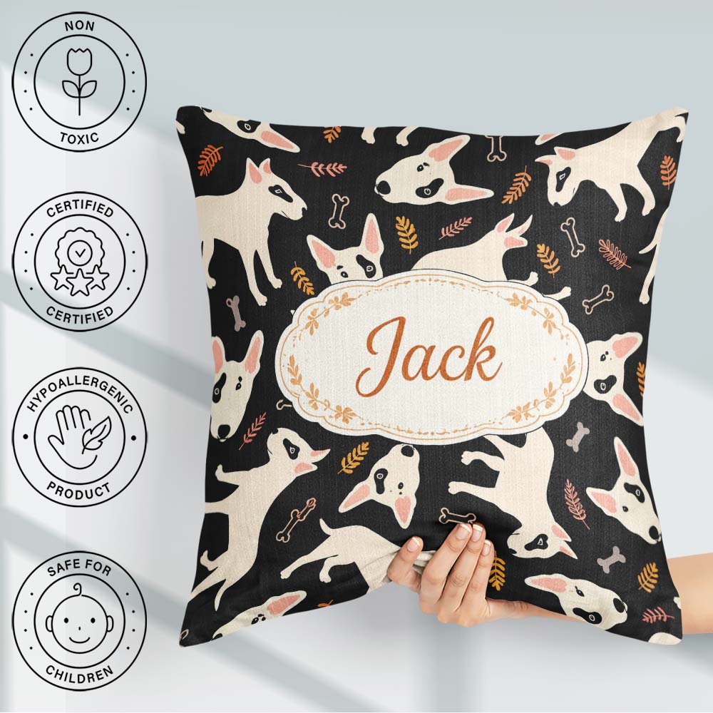 Custom Name Bull Terrier Dogs Background Leaves Seamless Pattern Square Filled Cushion Throw Pillow Sofa Bed Home Decor Zip Washable UK Made
