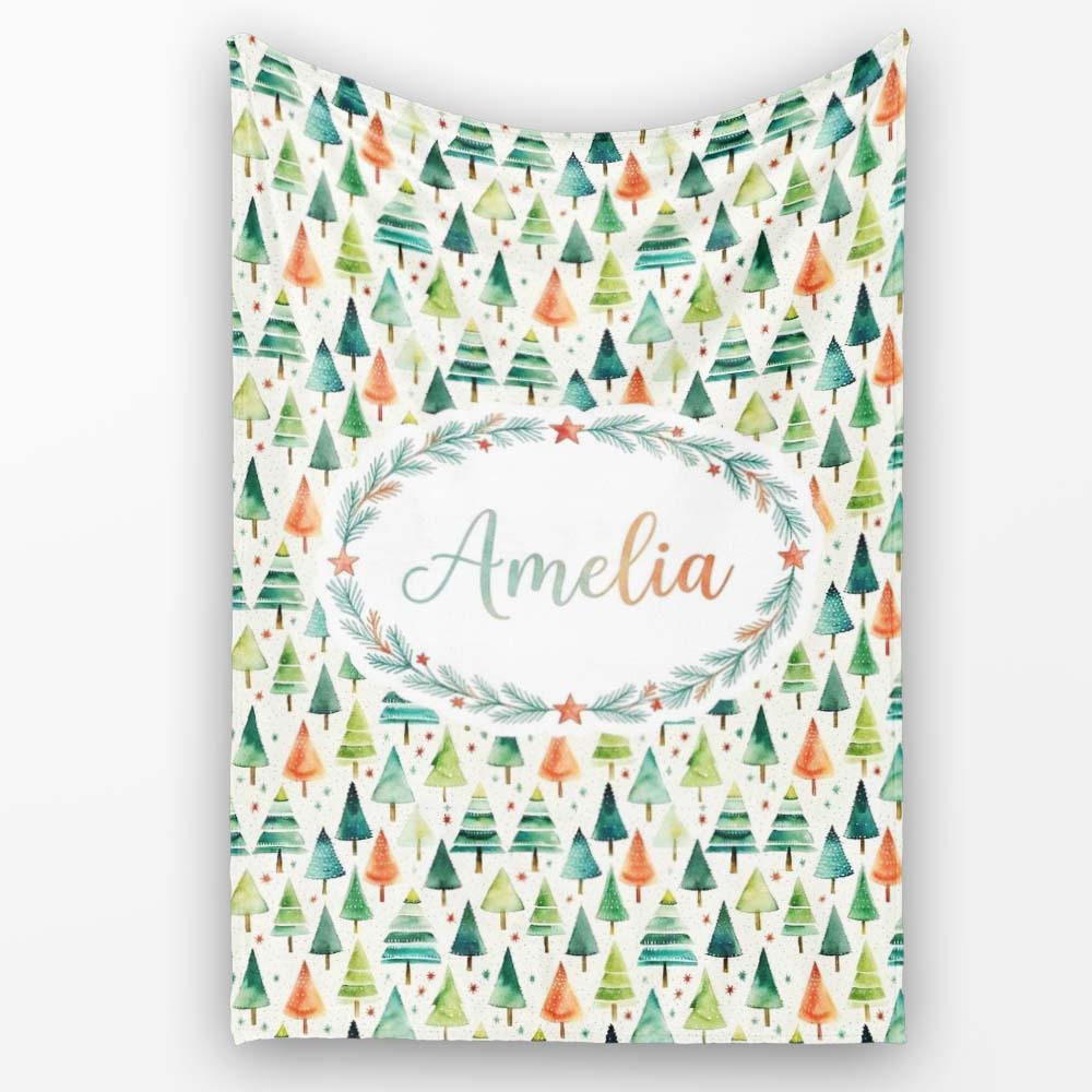 Hand Drawn Christmas Tree Holiday Pattern Cream Background Seamless Personalised Custom Name Super Soft Fleece Blanket Bed Sofa Throw