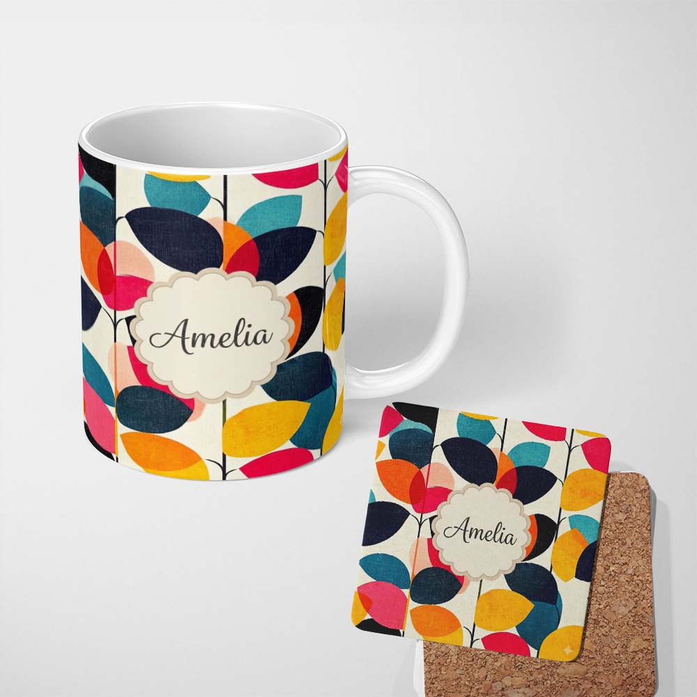 Personalized Custom Name Abstract Textured Leaf Branch Bold Color Seamless Pattern Custom 11oz Ceramic Coffee Tea Mug White Large Handle