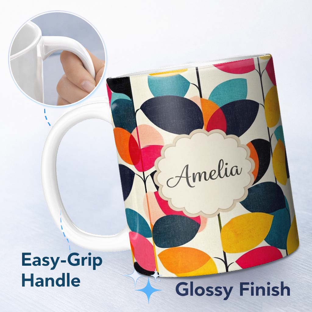 Personalized Custom Name Abstract Textured Leaf Branch Bold Color Seamless Pattern Custom 11oz Ceramic Coffee Tea Mug White Large Handle