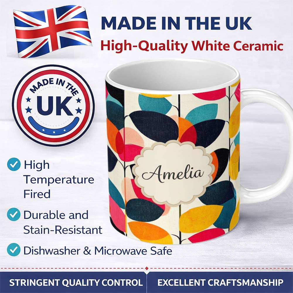Personalized Custom Name Abstract Textured Leaf Branch Bold Color Seamless Pattern Custom 11oz Ceramic Coffee Tea Mug White Large Handle