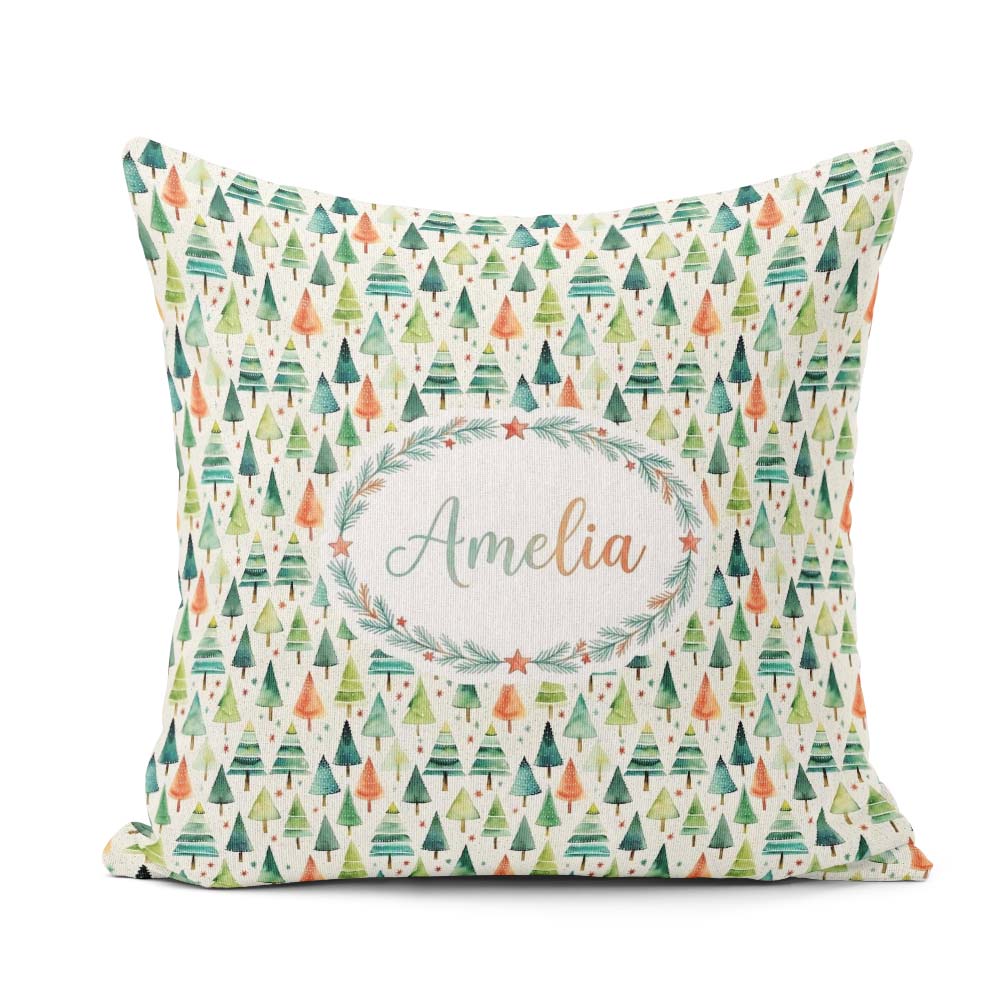 Custom Name Hand Drawn Christmas Tree Holiday Pattern Background Square Filled Cushion Throw Pillow Sofa Bed Home Decor Zip Washable UK Made
