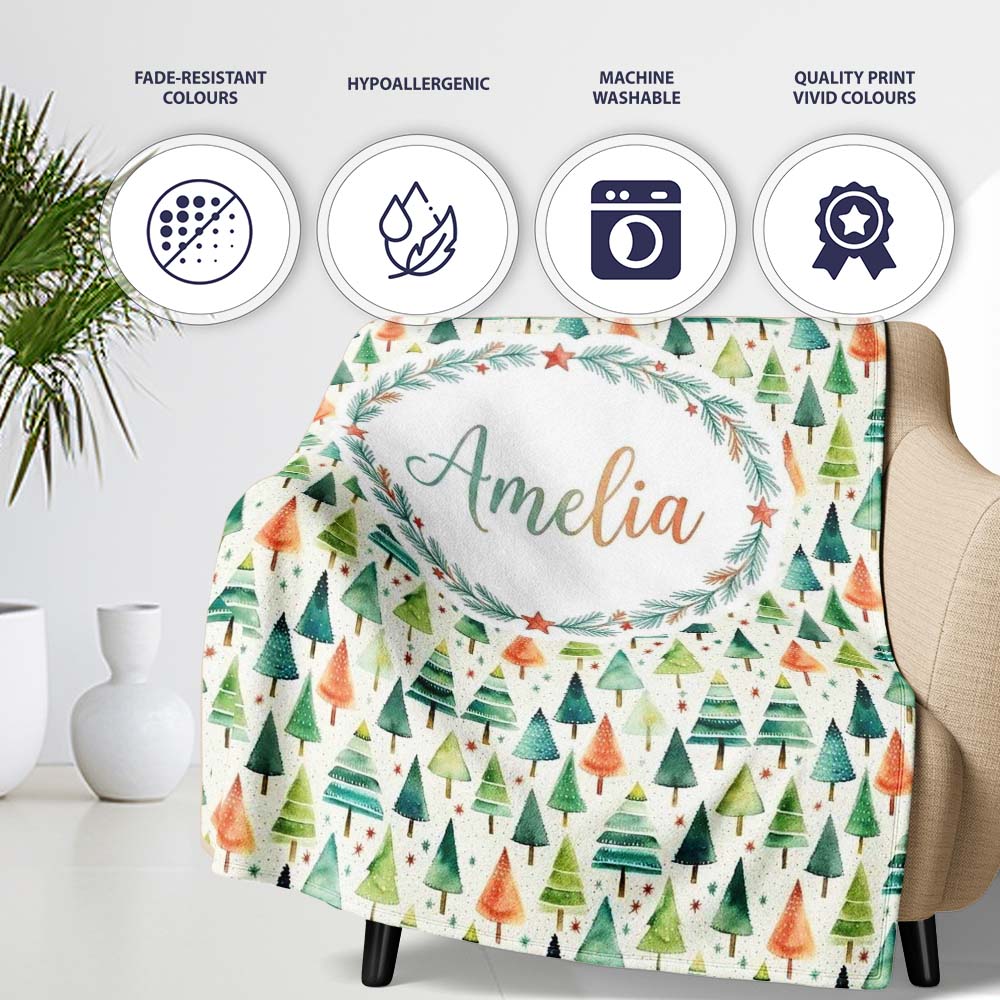 Hand Drawn Christmas Tree Holiday Pattern Cream Background Seamless Personalised Custom Name Super Soft Fleece Blanket Bed Sofa Throw