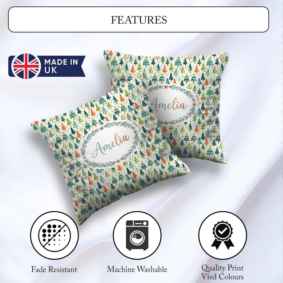 Custom Name Hand Drawn Christmas Tree Holiday Pattern Background Square Filled Cushion Throw Pillow Sofa Bed Home Decor Zip Washable UK Made