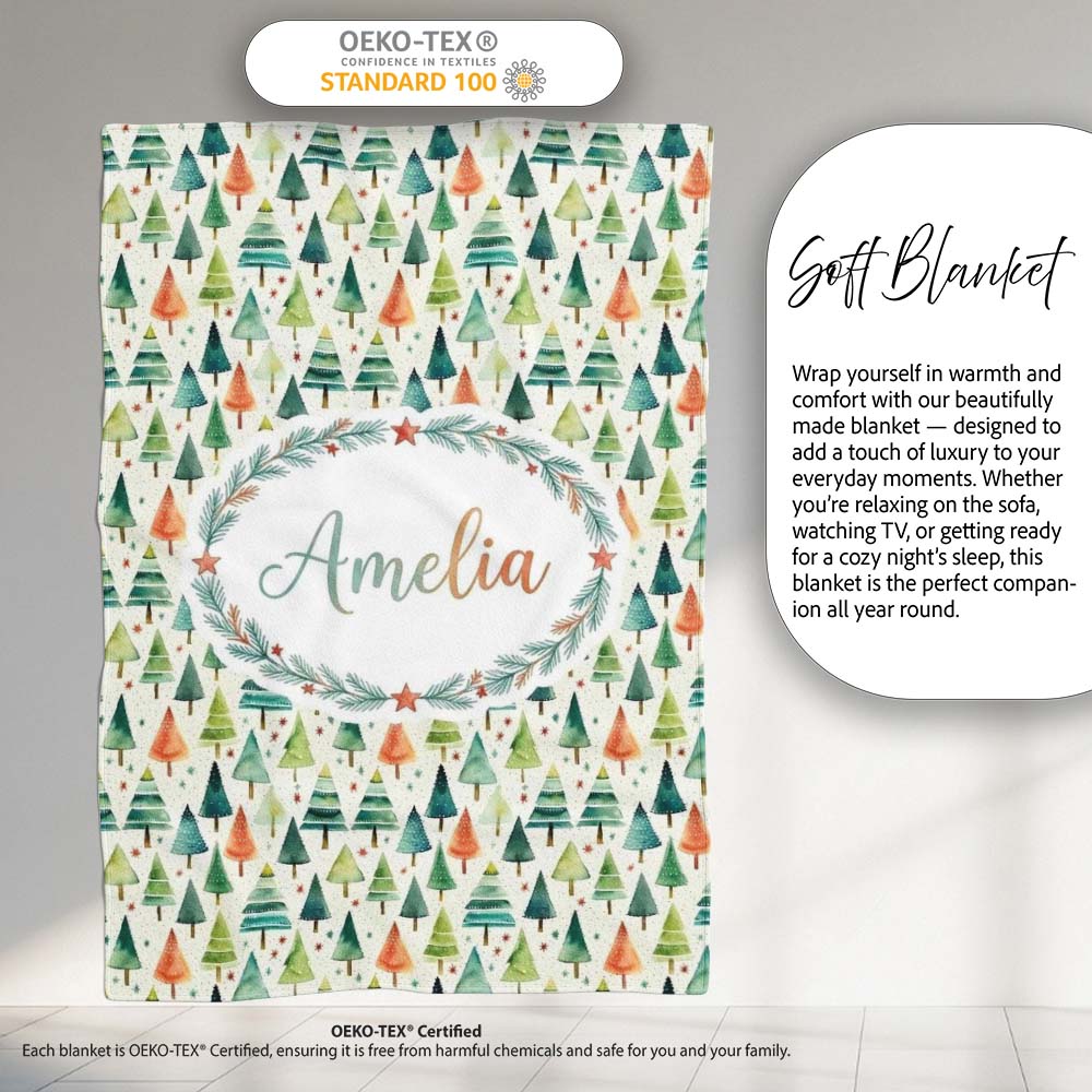 Hand Drawn Christmas Tree Holiday Pattern Cream Background Seamless Personalised Custom Name Super Soft Fleece Blanket Bed Sofa Throw