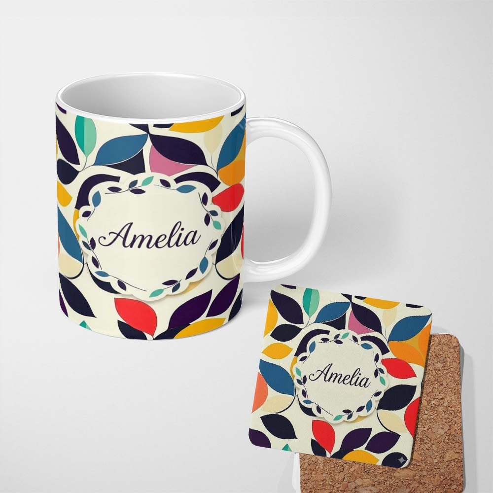 Personalized Custom Name Abstract Stylised Leaf Pattern Soft Colors Seamless Name Cute 11oz Ceramic Coffee Tea Mug White Large Handle