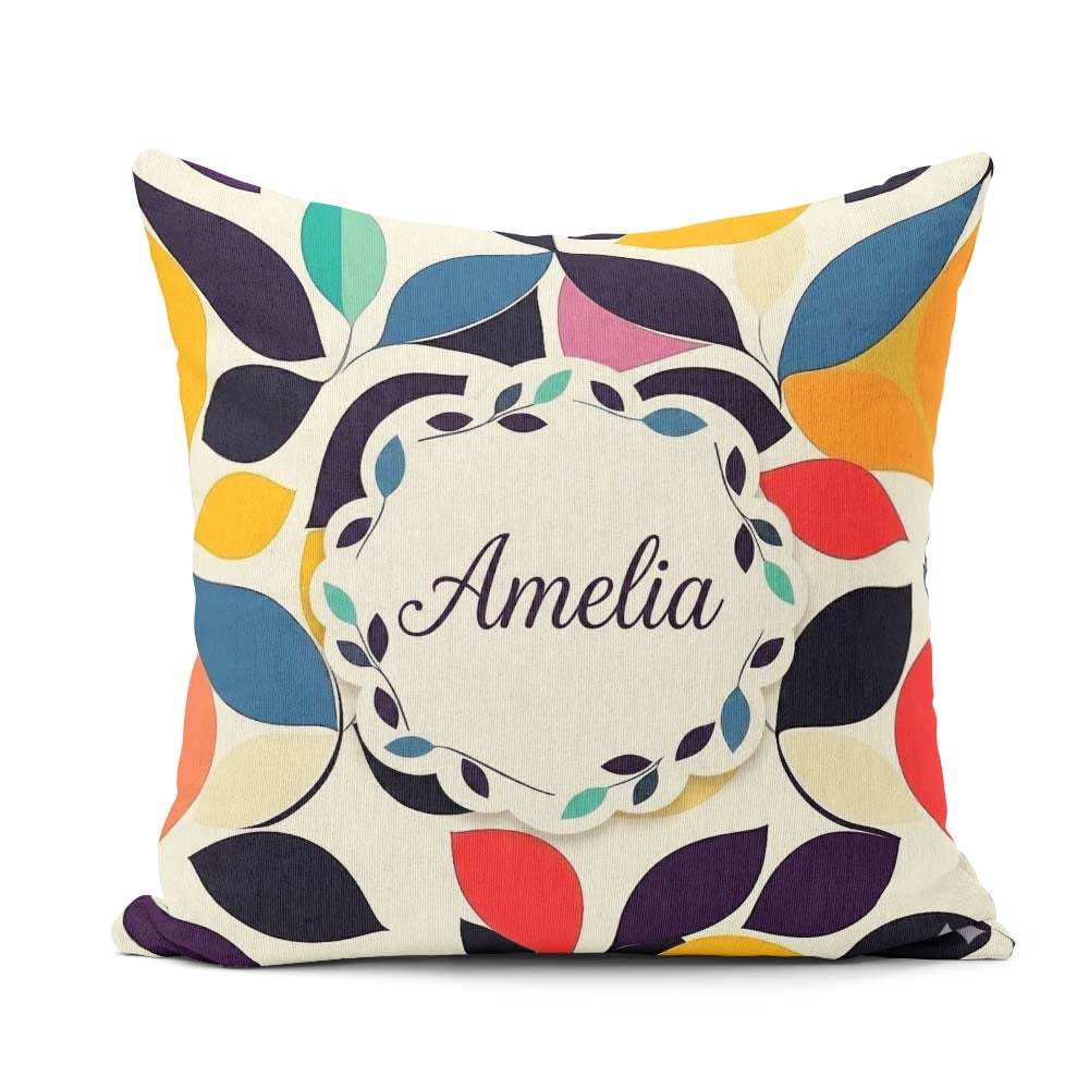 Custom Name Abstract Stylised Leaf Pattern Soft Colors Name Cute Square Filled Cushion Throw Pillow Sofa Bed Home Decor Zip Washable UK Made