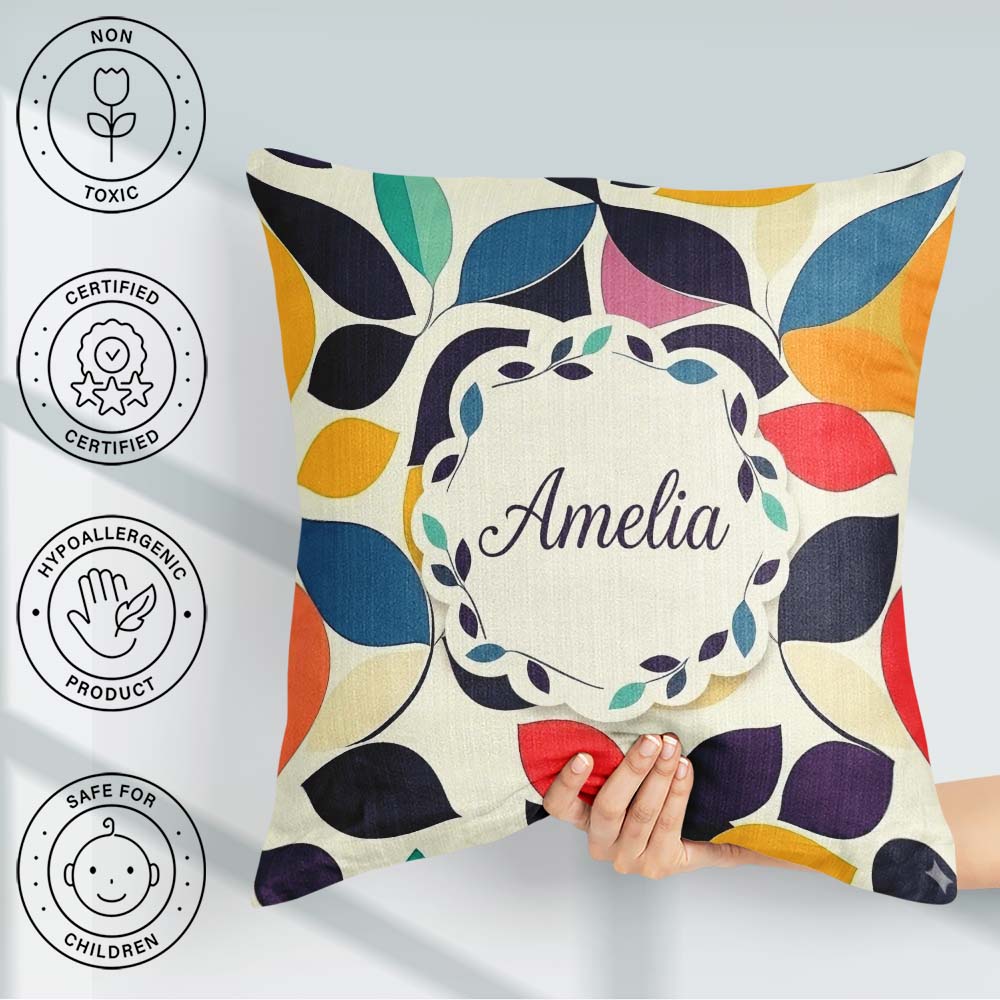 Custom Name Abstract Stylised Leaf Pattern Soft Colors Name Cute Square Filled Cushion Throw Pillow Sofa Bed Home Decor Zip Washable UK Made