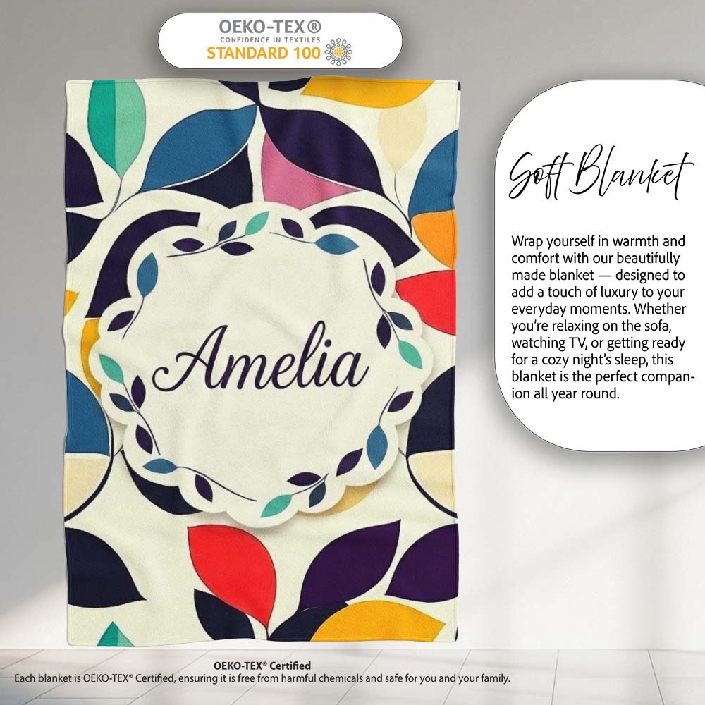 Abstract Stylised Leaf Pattern Soft Colors Seamless Name Cute Personalised Custom Name Super Soft Fleece Blanket Bed Sofa Throw