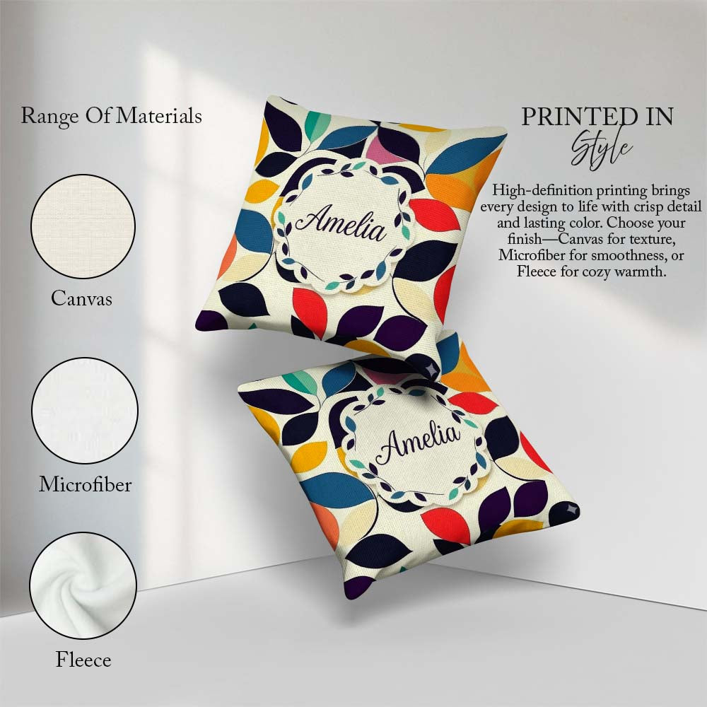 Custom Name Abstract Stylised Leaf Pattern Soft Colors Name Cute Square Filled Cushion Throw Pillow Sofa Bed Home Decor Zip Washable UK Made