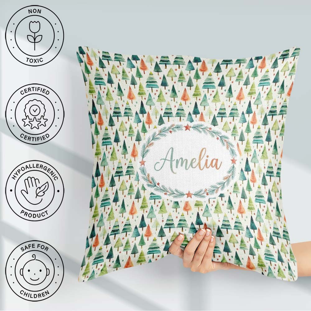 Custom Name Hand Drawn Christmas Tree Holiday Pattern Background Square Filled Cushion Throw Pillow Sofa Bed Home Decor Zip Washable UK Made