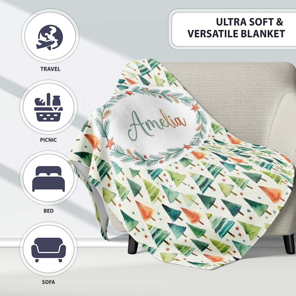 Hand Drawn Christmas Tree Holiday Pattern Cream Background Seamless Personalised Custom Name Super Soft Fleece Blanket Bed Sofa Throw