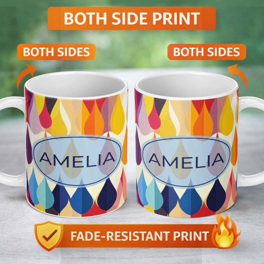 Personalized Custom Name Abstract Gradient Teardrop Shapes Vertical Flow Seamless Pattern 11oz Ceramic Coffee Tea Mug White Large Handle