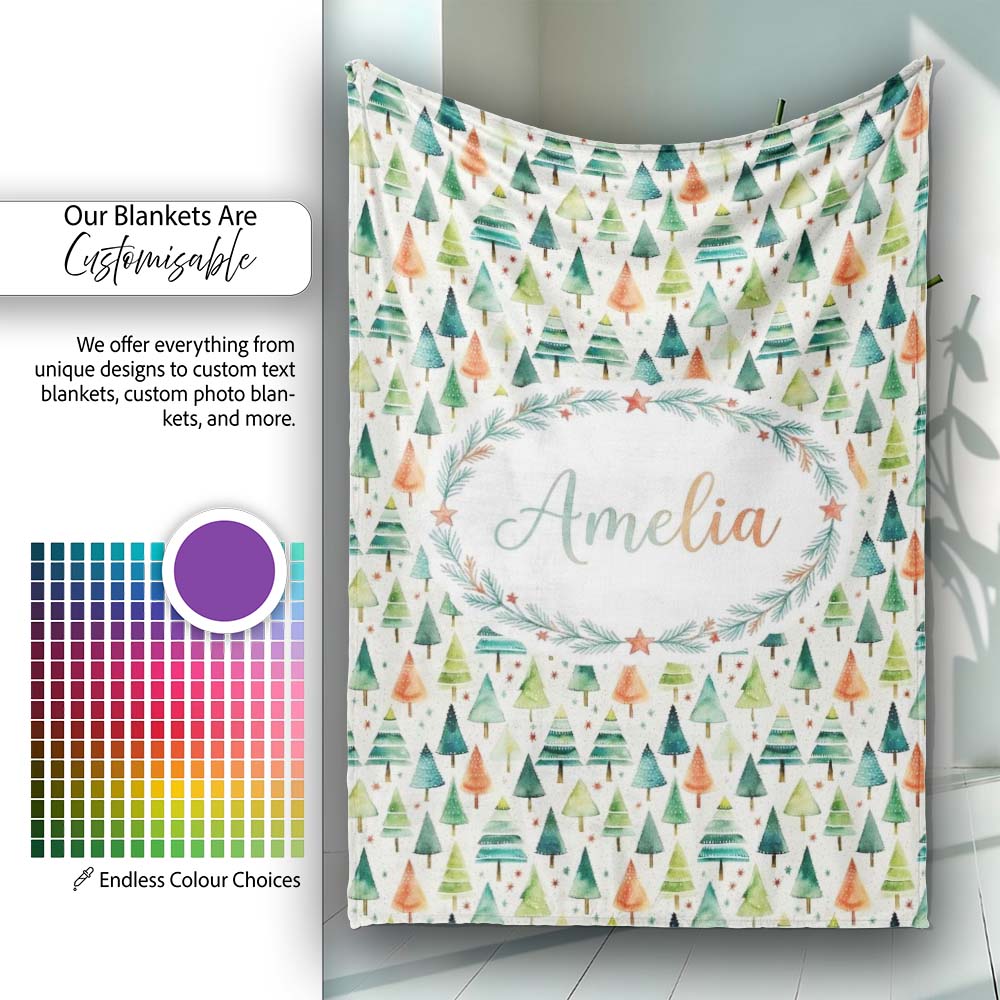 Hand Drawn Christmas Tree Holiday Pattern Cream Background Seamless Personalised Custom Name Super Soft Fleece Blanket Bed Sofa Throw