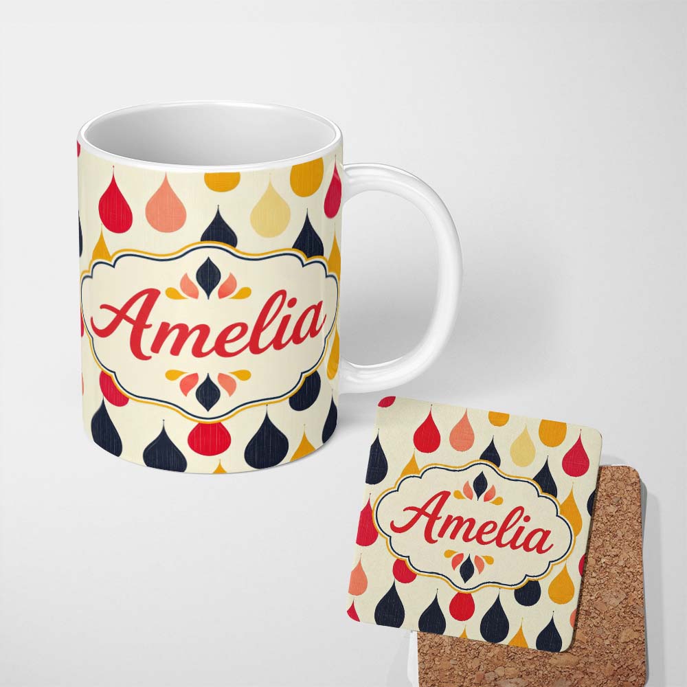 Personalized Custom Name Abstract Hanging Teardrop Motif Minimal Seamless Pattern Name Cute 11oz Ceramic Coffee Tea Mug White Large Handle