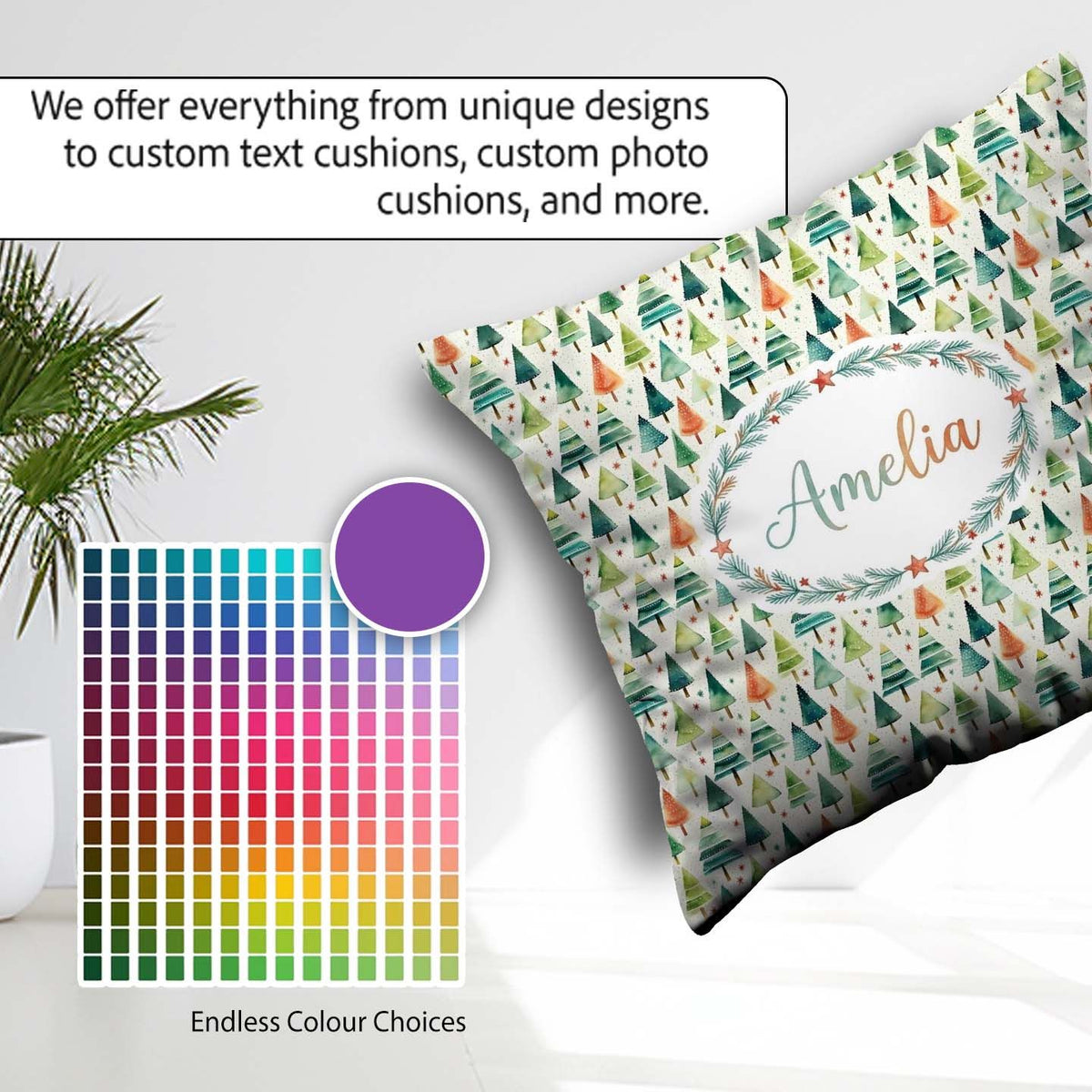 Custom Name Hand Drawn Christmas Tree Holiday Pattern Background Square Filled Cushion Throw Pillow Sofa Bed Home Decor Zip Washable UK Made