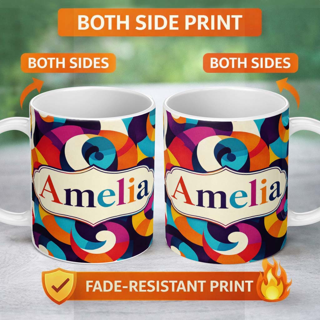 Personalized Custom Name Abstract Colorful Spiral Swirl Geometry Seamless Pattern Name Cute 11oz Ceramic Coffee Tea Mug White Large Handle