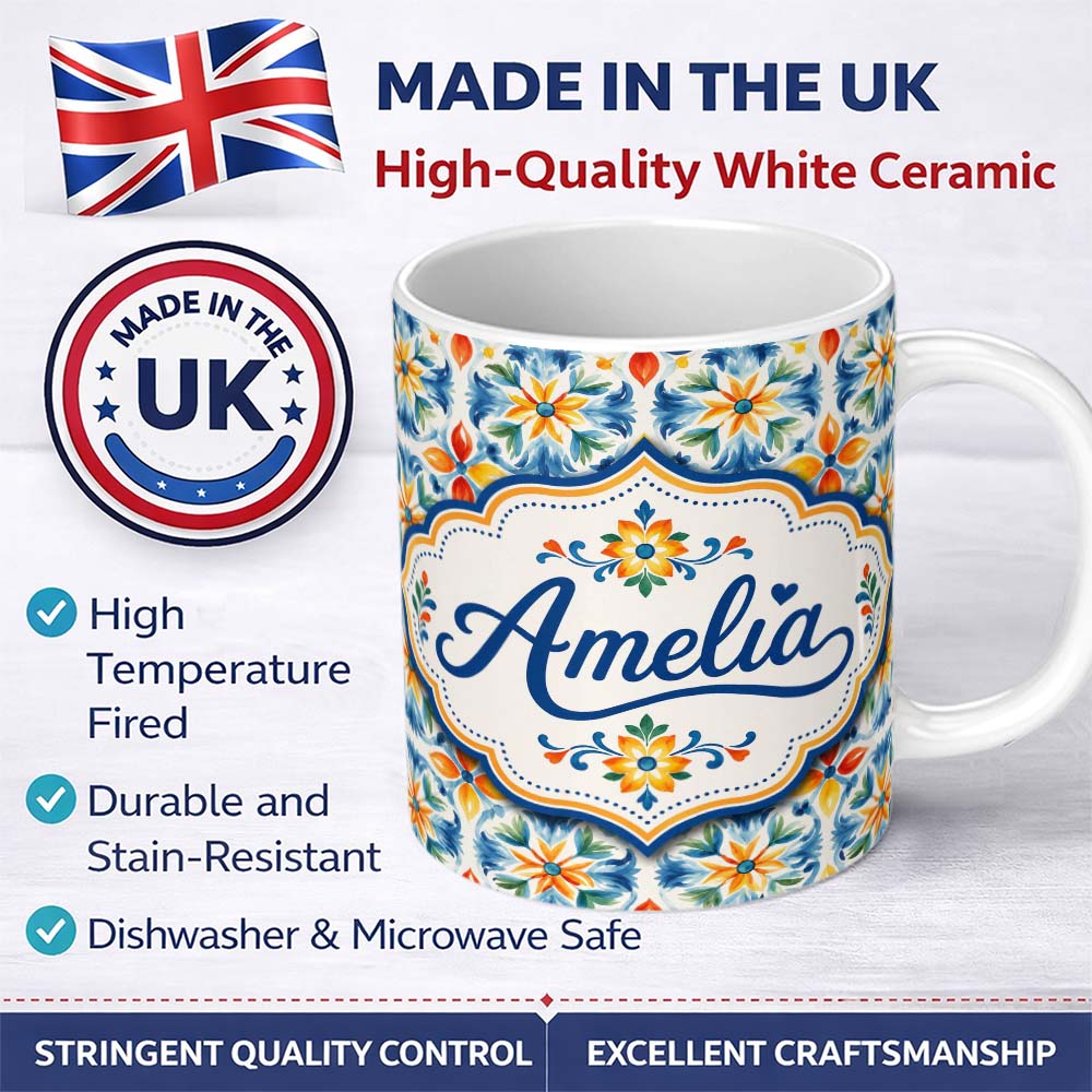 Personalized Custom Name Vibrant Watercolour Floral Tile Pattern in Blue Orange and Yellow 11oz Ceramic Coffee Tea Mug White Large Handle