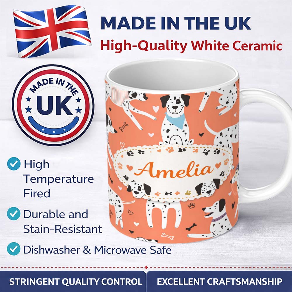 Personalized Custom Name Dalmatian Dogs Hearts Peach Background Seamless Pattern Lovely 11oz Ceramic Coffee Tea Mug White Large Handle