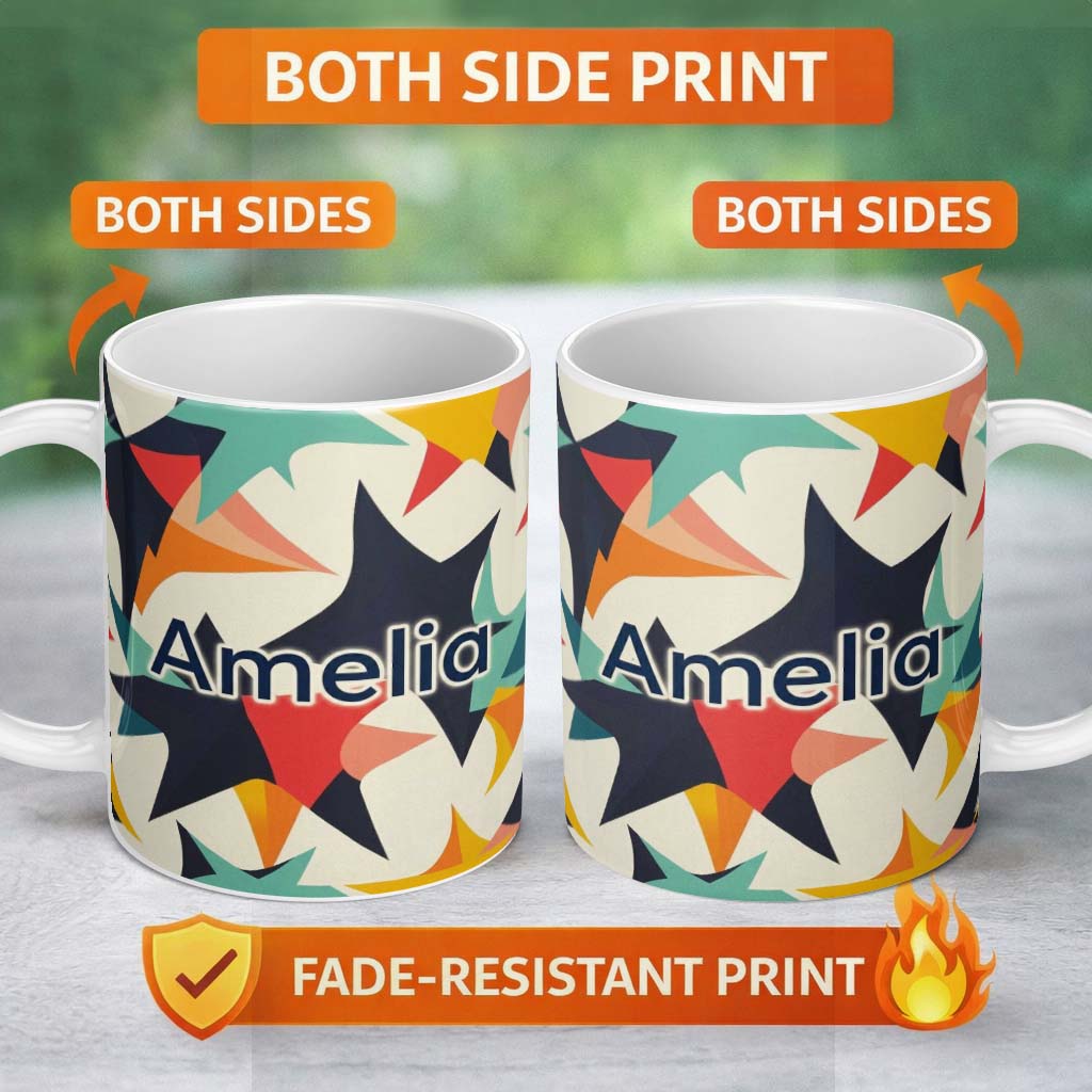 Personalized Custom Name Abstract Bold Starburst Shapes Modern Art Seamless Pattern Name Cute 11oz Ceramic Coffee Tea Mug White Large Handle
