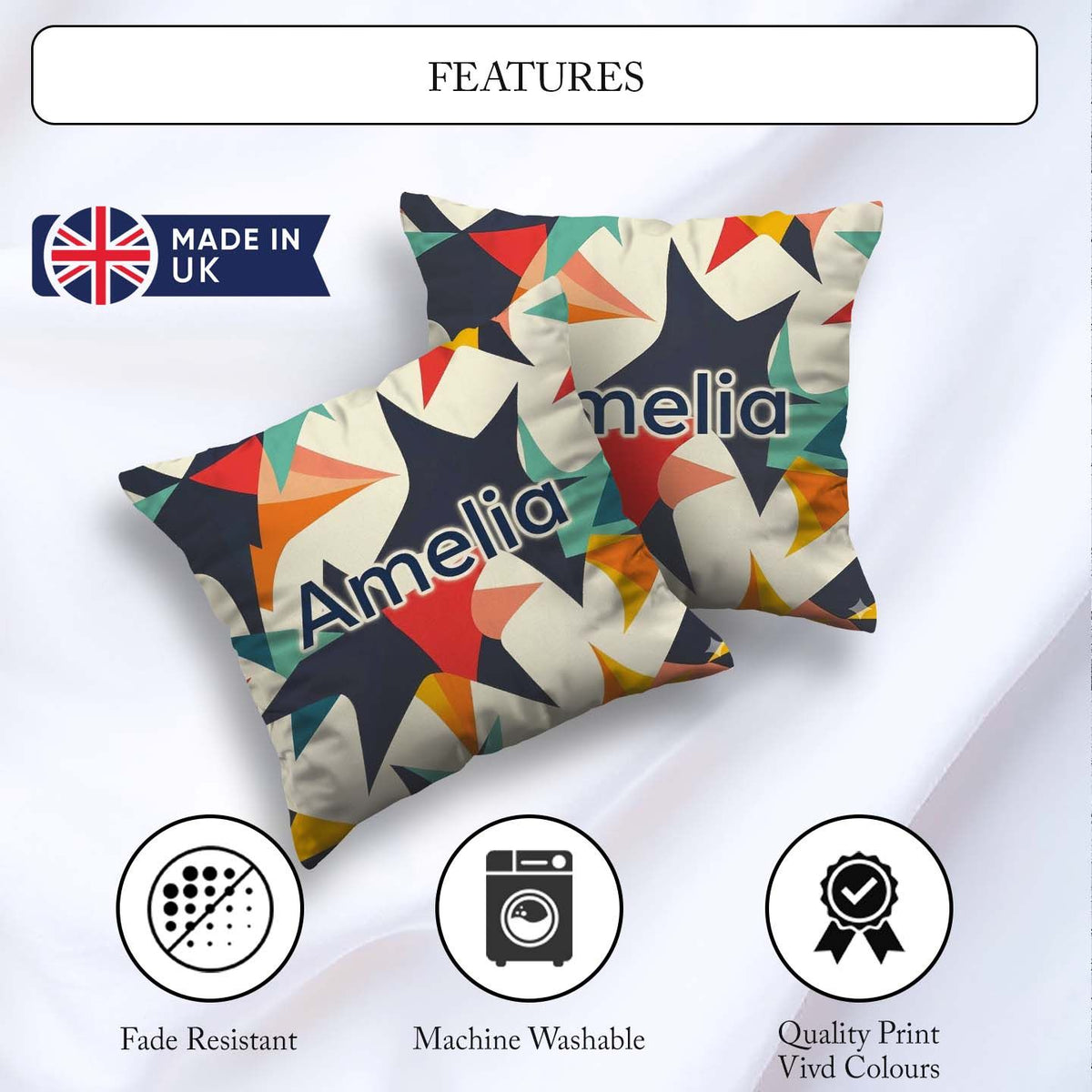 Custom Name Abstract Bold Starburst Shapes Art Pattern Name Cute Square Filled Cushion Throw Pillow Sofa Bed Home Decor Zip Washable UK Made