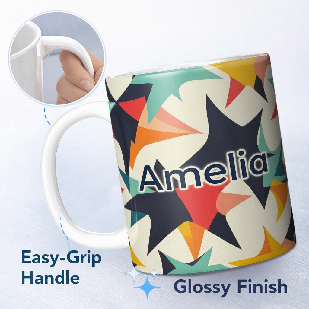 Personalized Custom Name Abstract Bold Starburst Shapes Modern Art Seamless Pattern Name Cute 11oz Ceramic Coffee Tea Mug White Large Handle