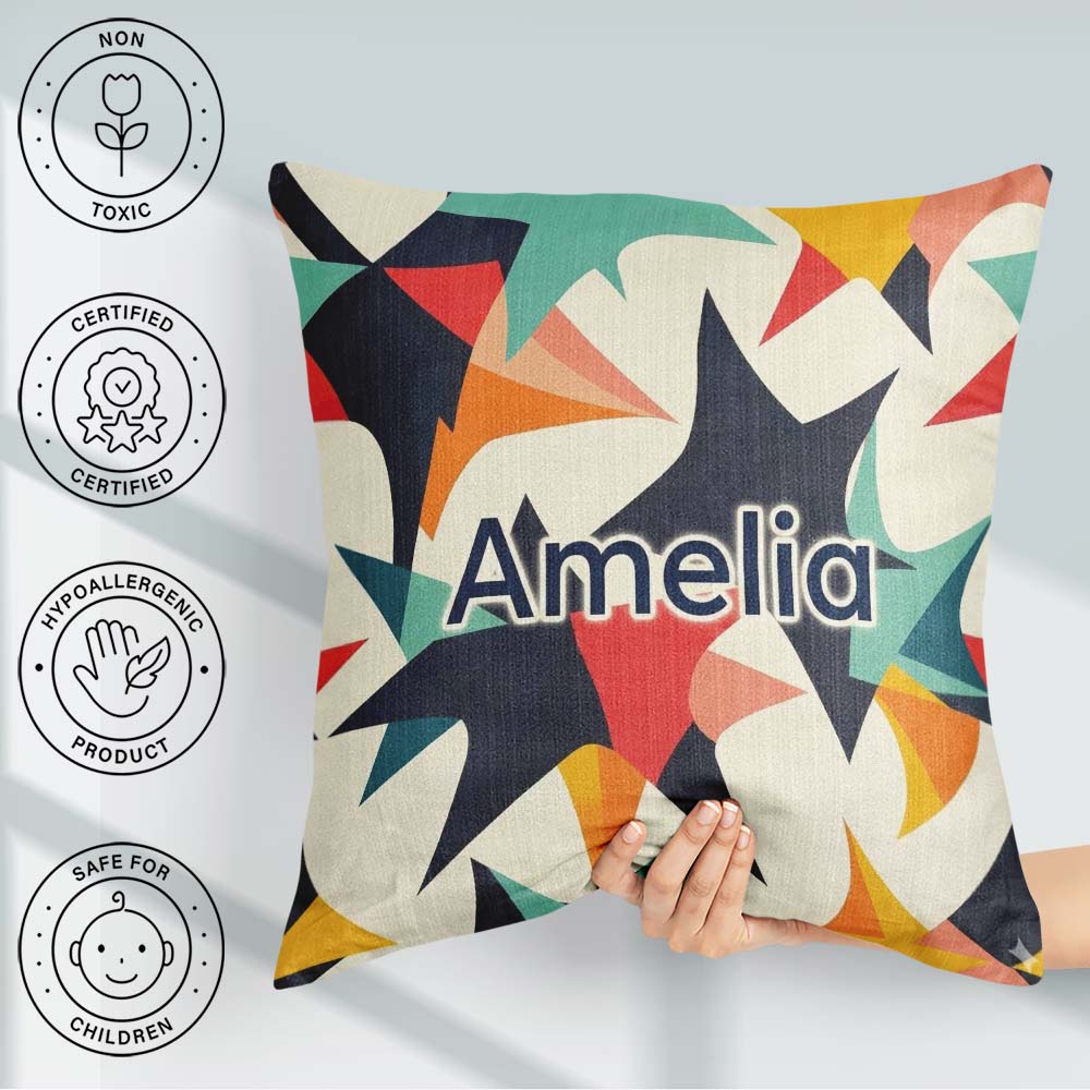 Custom Name Abstract Bold Starburst Shapes Art Pattern Name Cute Square Filled Cushion Throw Pillow Sofa Bed Home Decor Zip Washable UK Made
